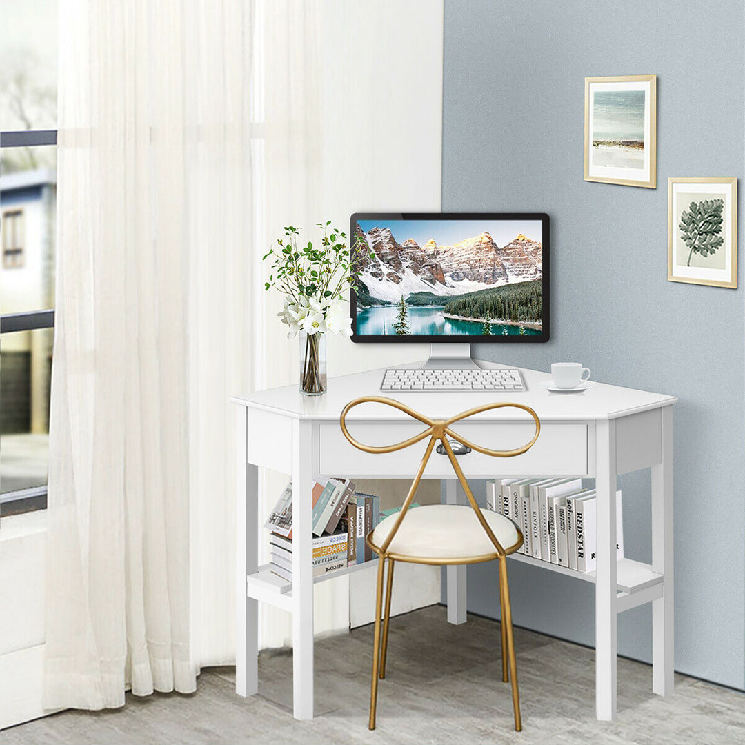 Costway - Triangle Computer Desk Corner Office Desk Laptop Table with Drawer Shelves - Rustic White_4