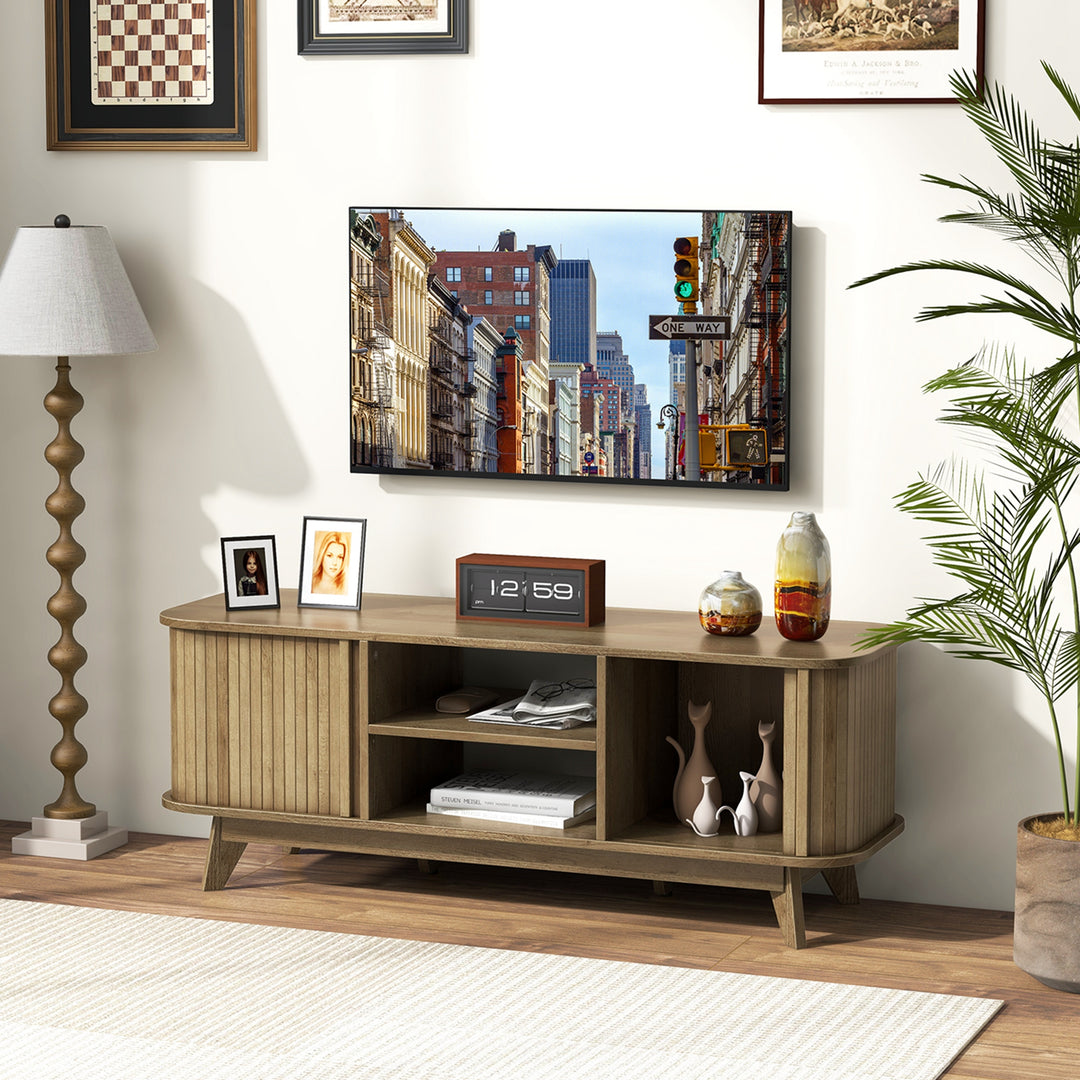 Costway - TV Stand for TV up to 55 Inch Television Cabinet with 2 Open Shelves Sliding Doors - Oak_1