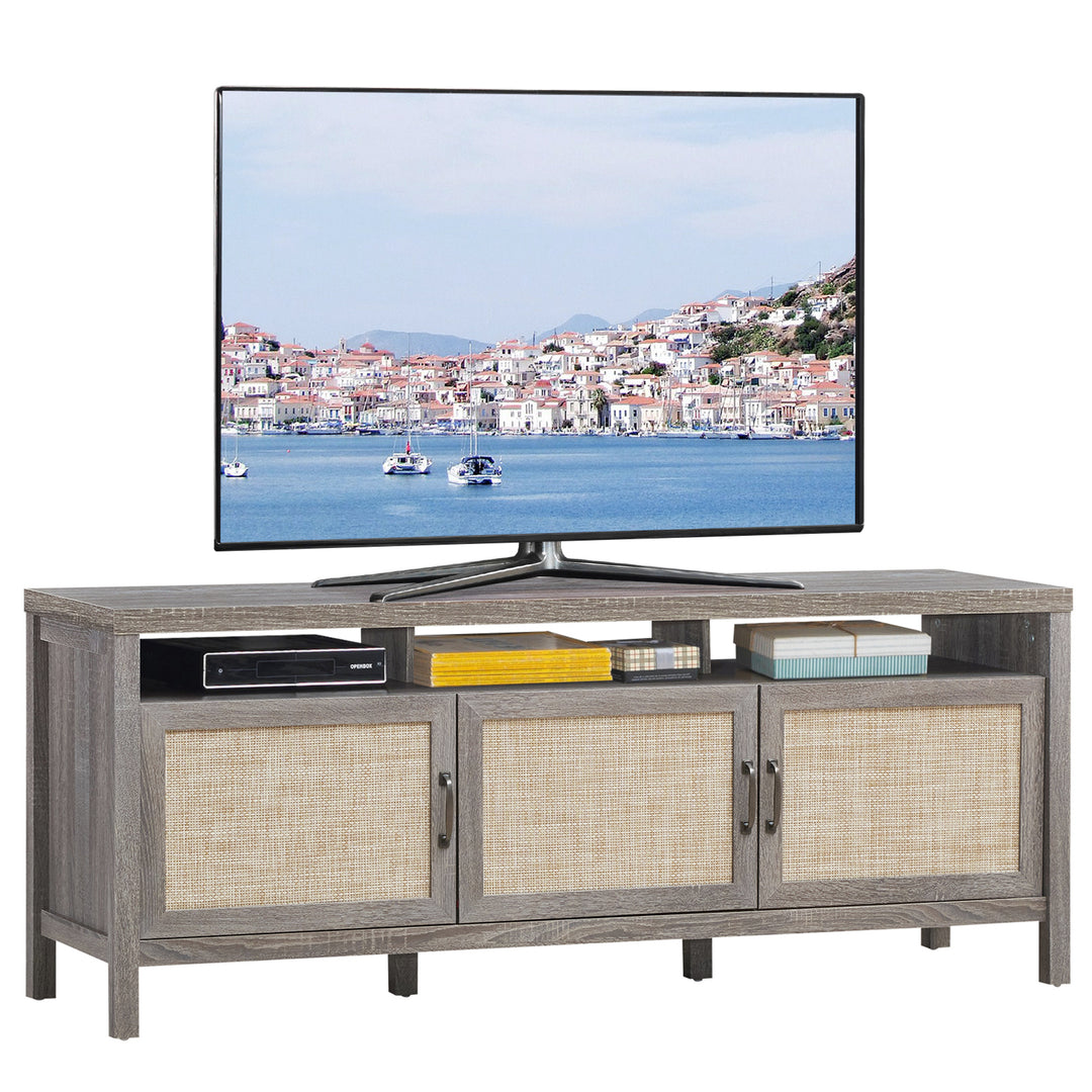 Costway - TV Stand Entertainment Media Center for TV's up to 65'' w/ Rattan Doors Grey Oak - Gray Oak_0