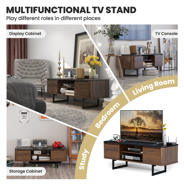 Costway - TV Stand Entertainment Media Console w/ 2 Cabinets & Adjustable Shelf - Walnut/Brown_4