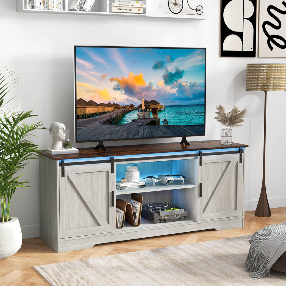 Costway - TV Stand for 65" TVs with LED Lights Adjustable Brightness Human Induction Grey - Gray_1