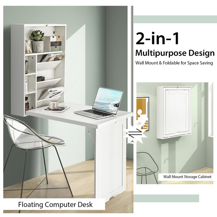 Costway - Wall Mounted Computer Convertible Desk Floating Desk with Storage Bookcases - White_8