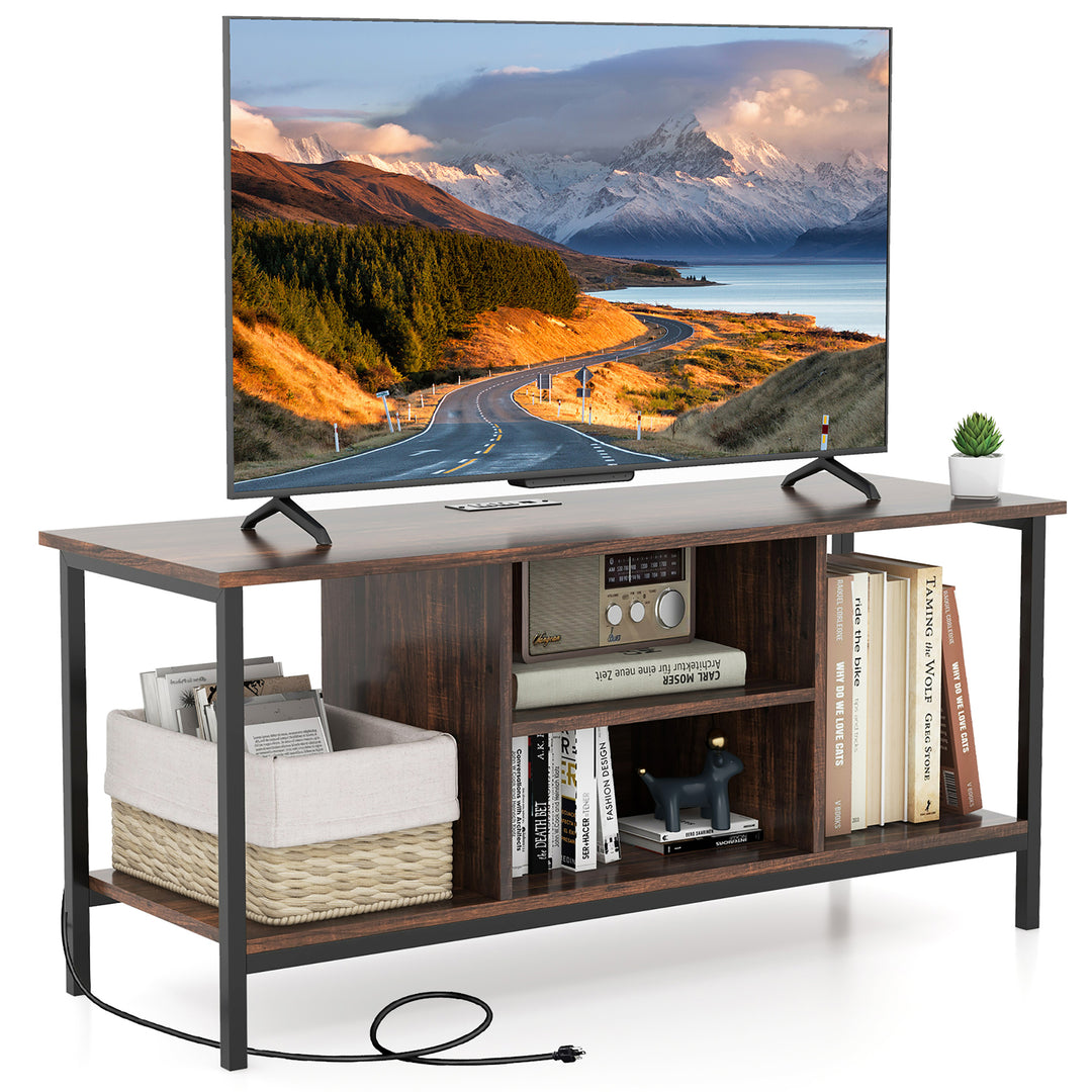 Costway - TV Console Table w/ Power Outlets 50" Industrial TV Stand w/ Open Shelves & Compartments - Rustic Brown/Black_0