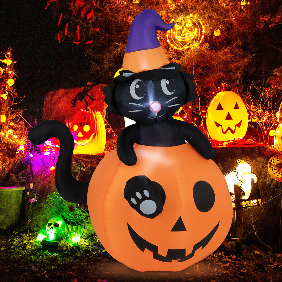 Costway - 5 FT Tall Halloween Inflatable Décor Black Cat Sitting in Pumpkin w/ LED Lights - Orange/Purple_0