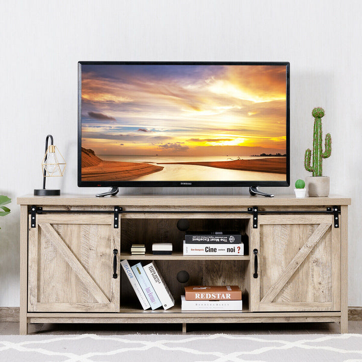 Costway - TV Stand Console Cabinet Sliding Barn Door for TVs up to 60'' White Oak - White Oak_6