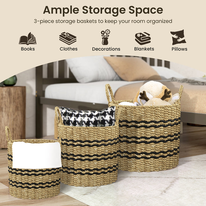 Costway Seagrass Basket Set of 3 Stackable Storage Bins w/ Handles Home Organizers - Natural_6