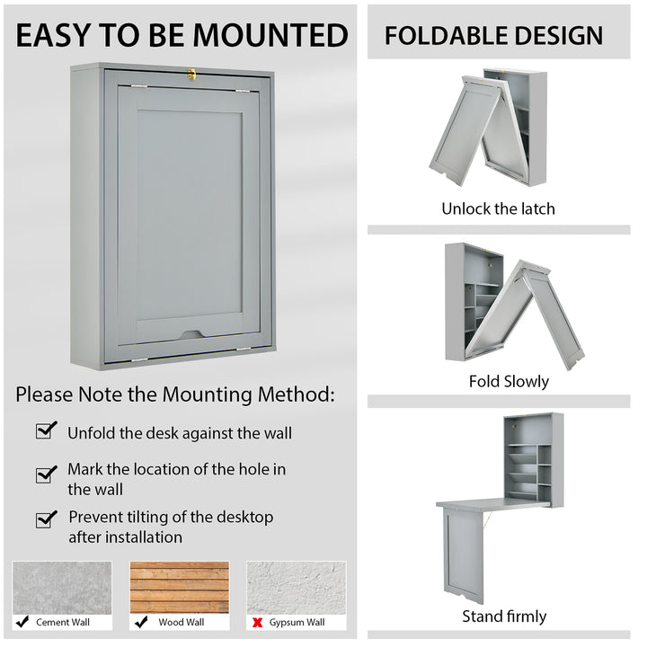 Costway - Wall Mounted Computer Convertible Desk Floating Desk with Storage Bookcases - Gray_5