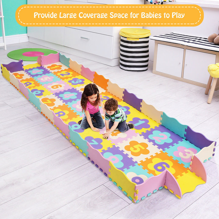 Costway 75 Pieces Baby Foam Interlocking Play Mat w/ Fence w/Detachable Numbers - Multi-Color_4