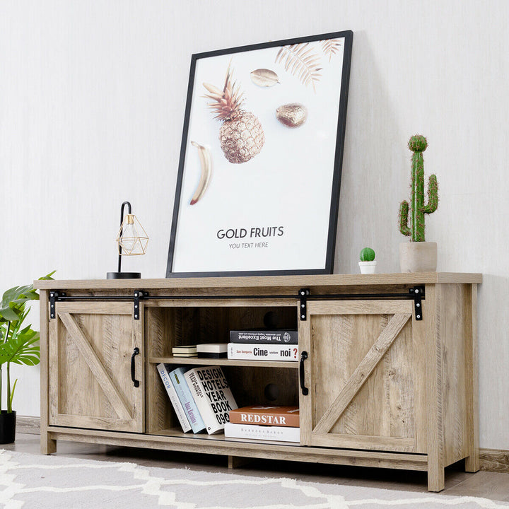 Costway - TV Stand Console Cabinet Sliding Barn Door for TVs up to 60'' White Oak - White Oak_3