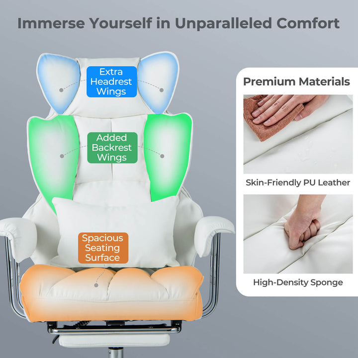 Costway - Office Desk Chair Big and Tall Executive Office Chair with Footrest Lumbar Support - White_6