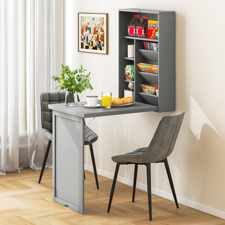 Costway - Wall Mounted Computer Convertible Desk Floating Desk with Storage Bookcases - Gray_4