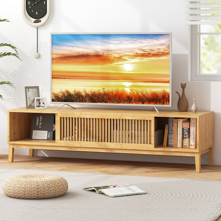 Costway - TV Stand for TVs up to 65 Inches w/ Sliding Slatted Doors 5 Cable Holes Natural - Natural_3