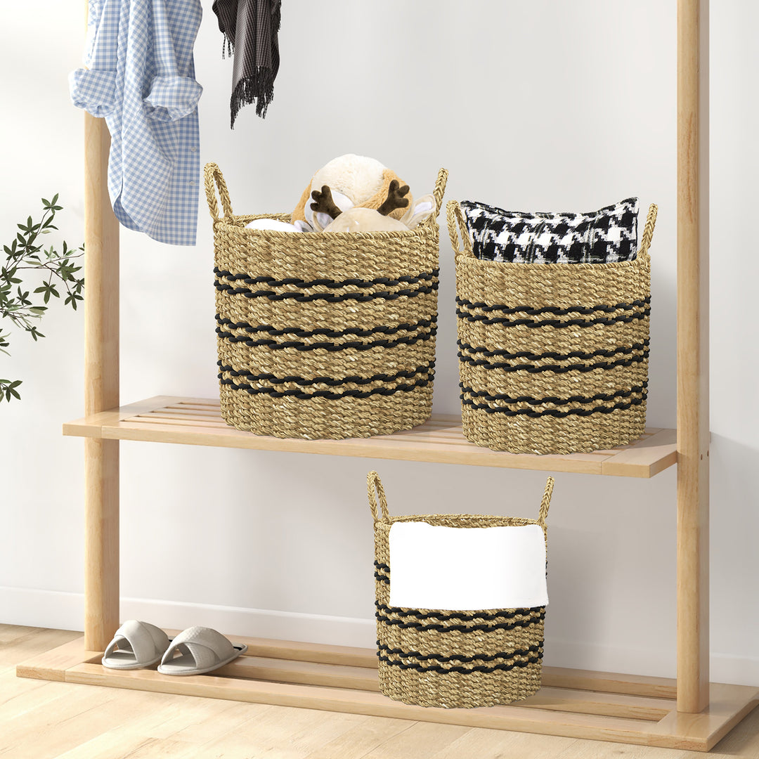 Costway Seagrass Basket Set of 3 Stackable Storage Bins w/ Handles Home Organizers - Natural_4