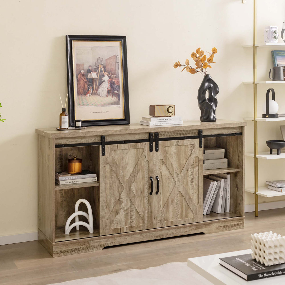 Costway - TV Stand Farmhouse Cabinet Sliding Barn Door Adjustable Shelves for TV up to 65'' - Gray Oak_2