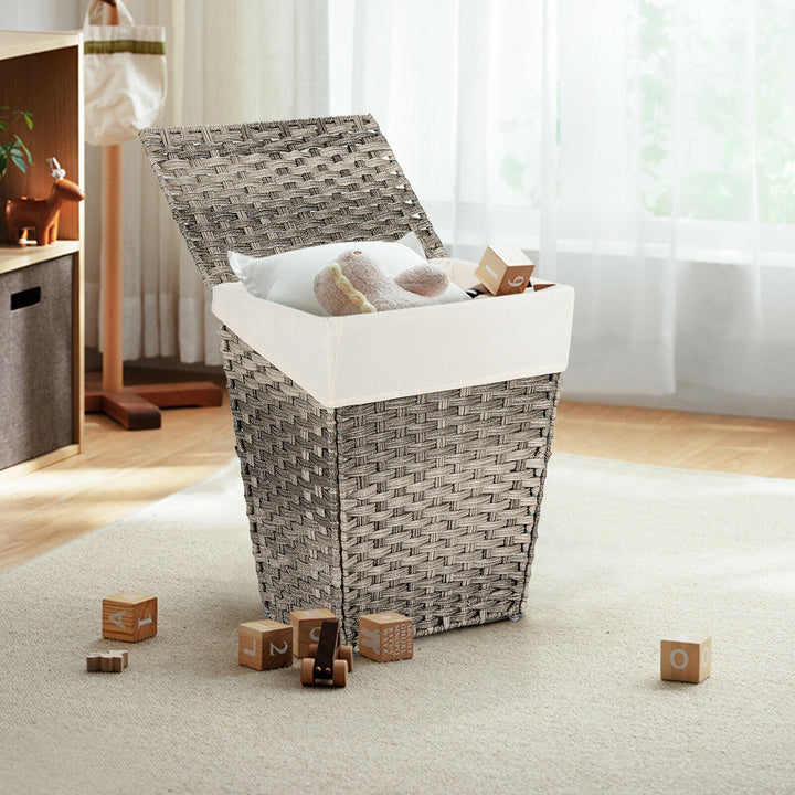 Costway Handwoven Laundry Hamper Foldable w/Removable Liner, Lid & Handles Grey - Grey_3