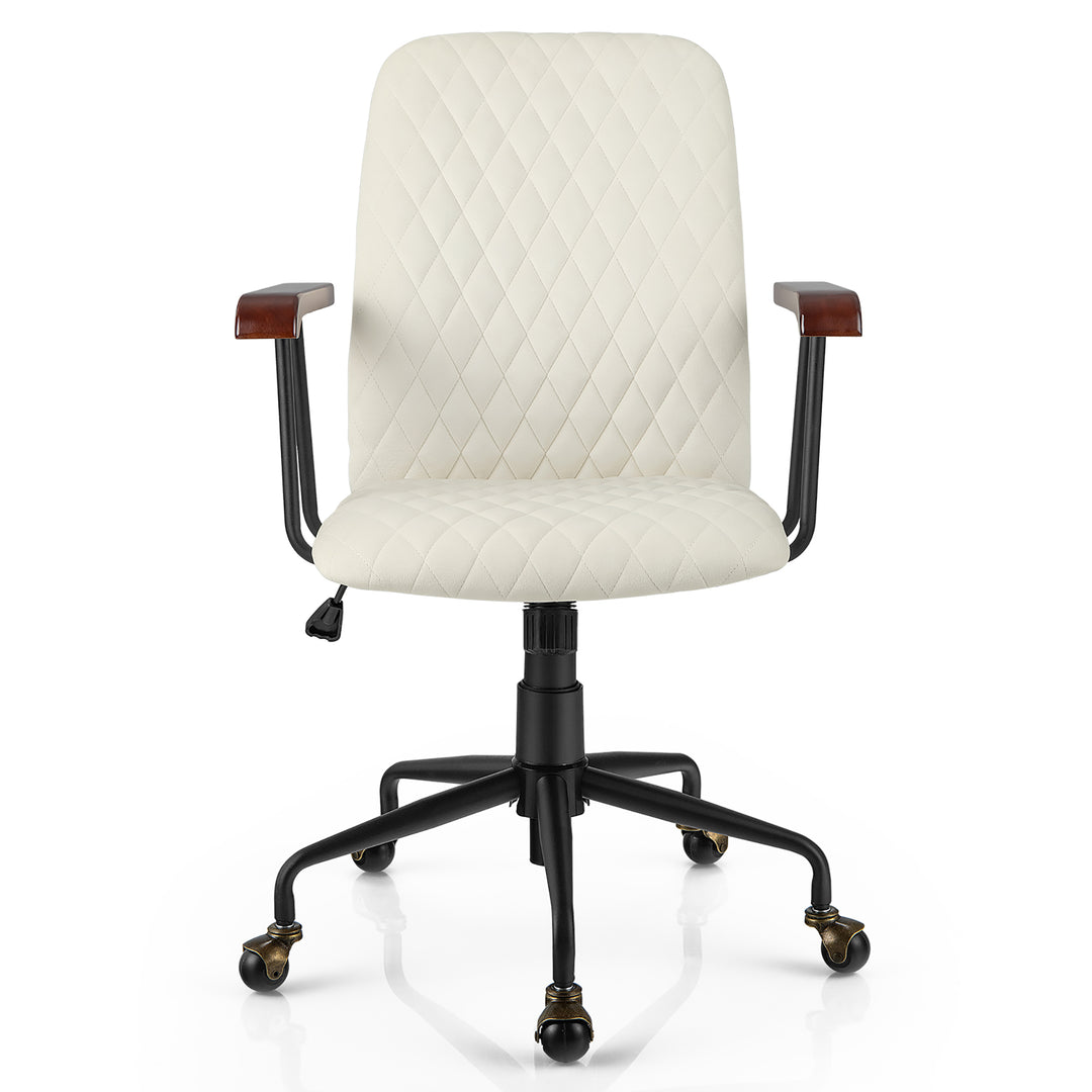 Costway - Velvet Home Office Chair Swivel Adjustable Task Chair with Wooden Armrest - Beige_9