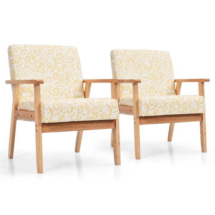 Costway - Accent Armchair Upholstered Chair Home Office with Wooden Frame (2pc) - Yellow_0