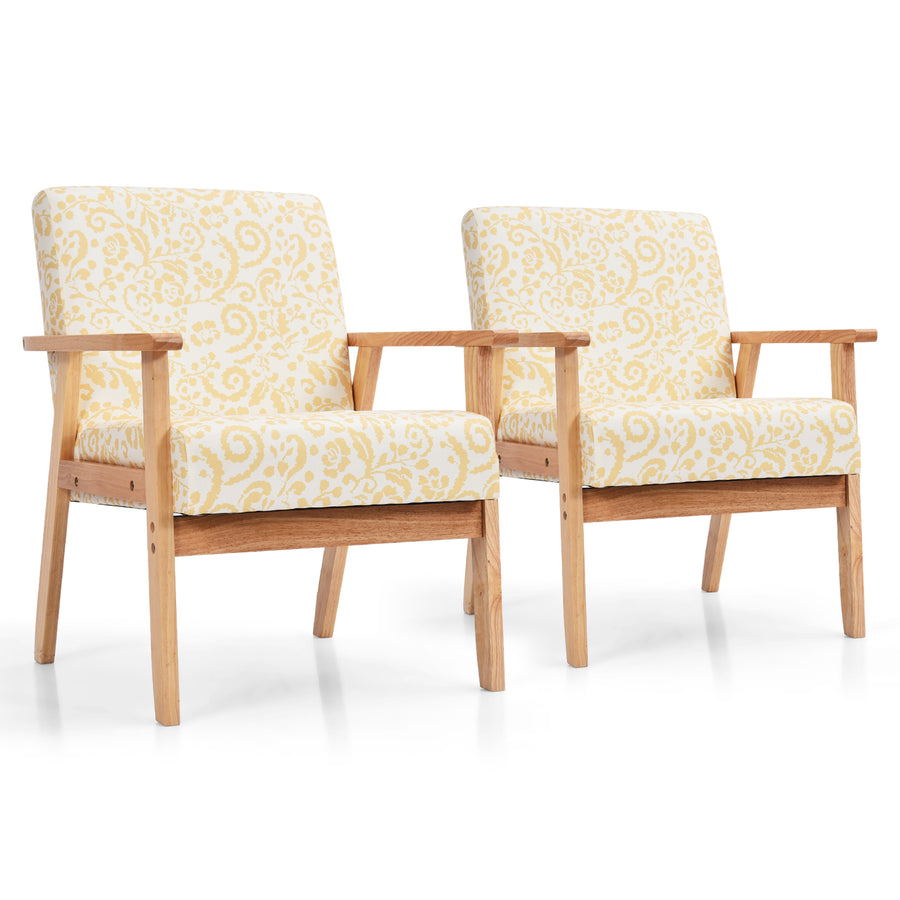 Costway - Accent Armchair Upholstered Chair Home Office with Wooden Frame (2pc) - Yellow_0