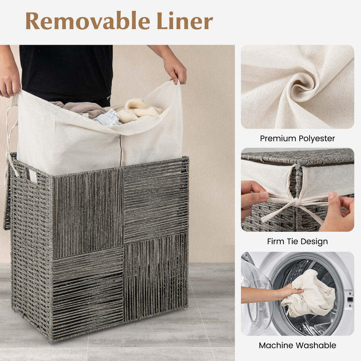 Costway Hand-woven Rattan Laundry Hamper with Lid Removable Liner Bag 29-Gallon 2-Section - Grey_6