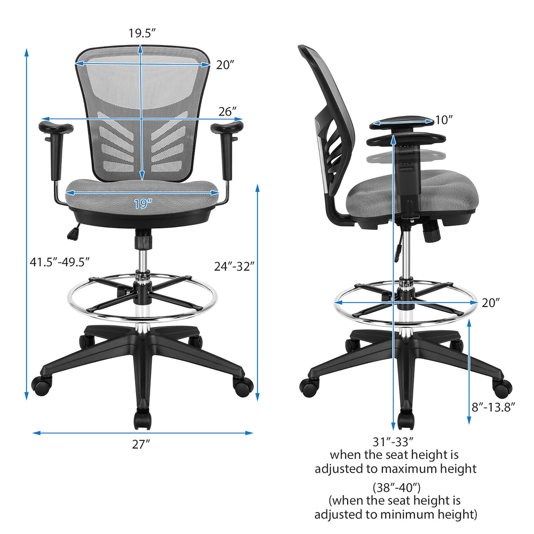 Costway - Mesh Drafting Chair Office Chair with Adjustable Armrests and Foot-Ring - Gray_2