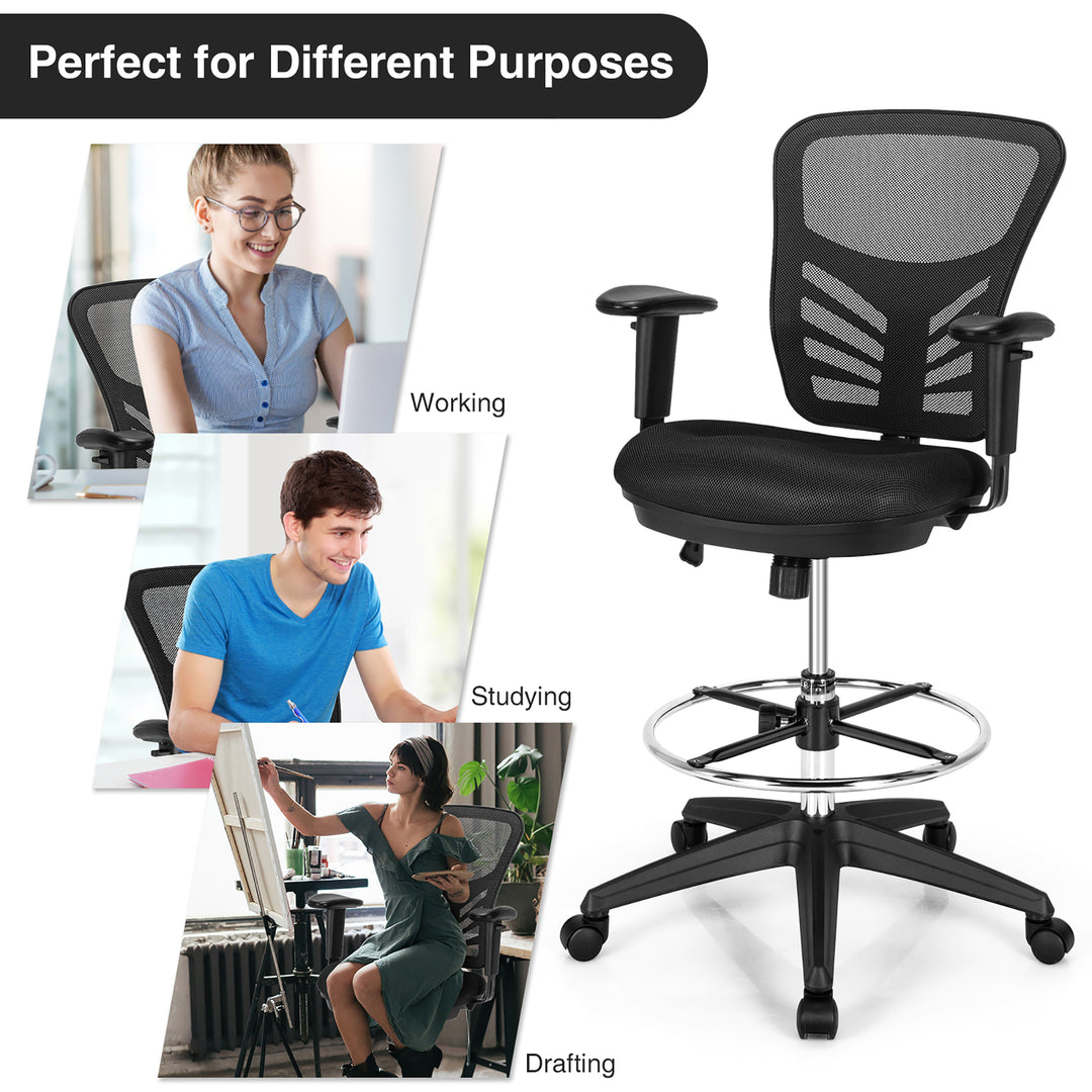 Costway - Mesh Drafting Chair Office Chair with Adjustable Armrests and Foot-Ring - Black_4