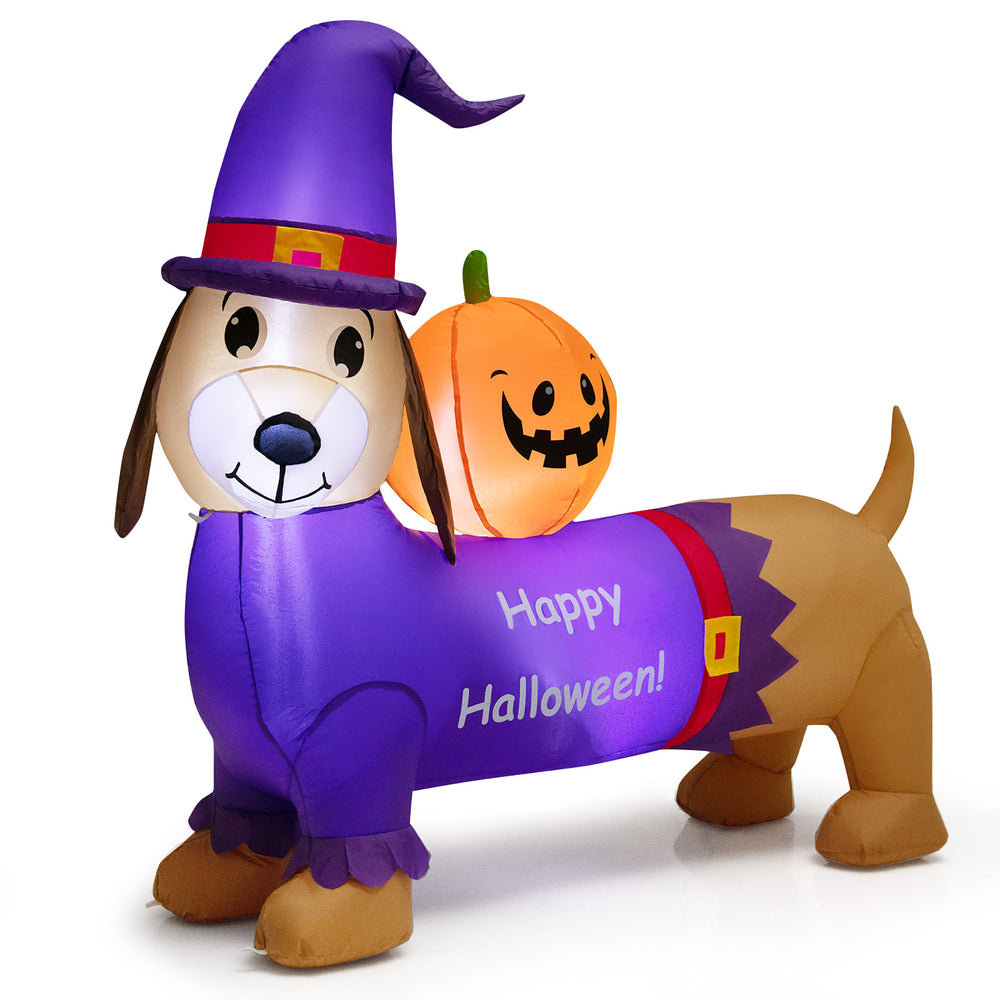 Costway - 5 FT Long Halloween Inflatable Dachshund Dog with Pumpkin Self Inflating Yard - Orange/Purple_1