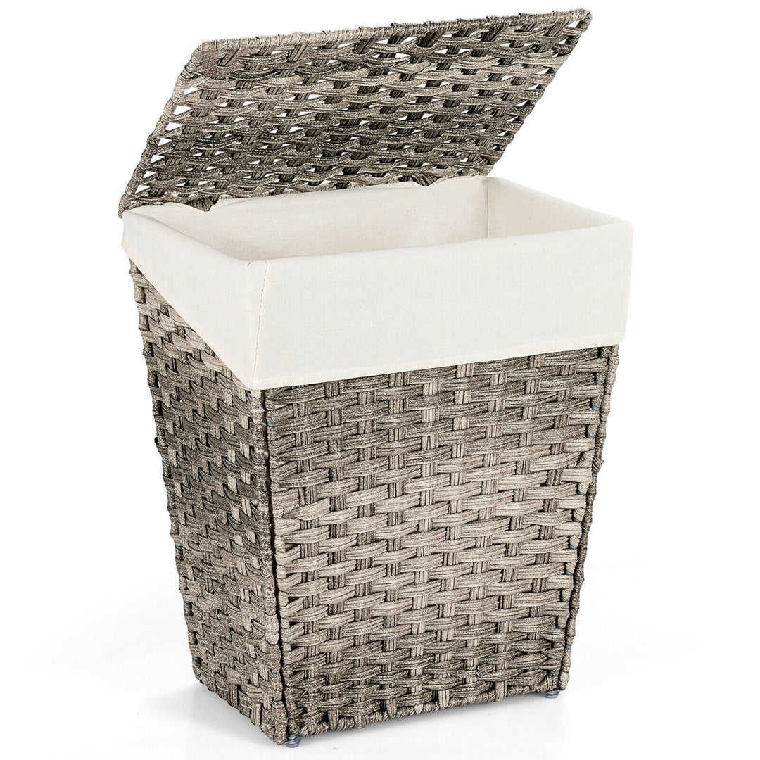 Costway Handwoven Laundry Hamper Foldable w/Removable Liner, Lid & Handles Grey - Grey_0