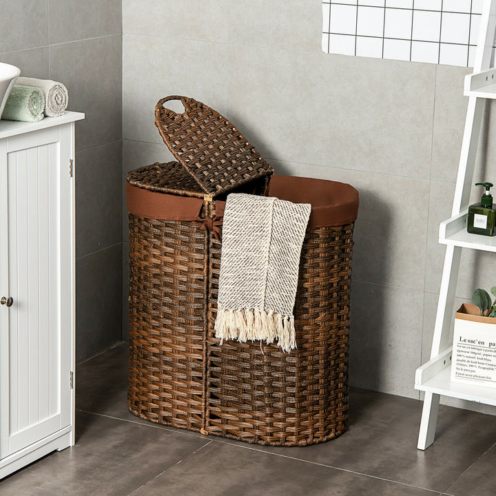 Costway Handwoven Laundry Hamper Laundry Basket w/2 Removable Liner Bags Brown - Brown_1