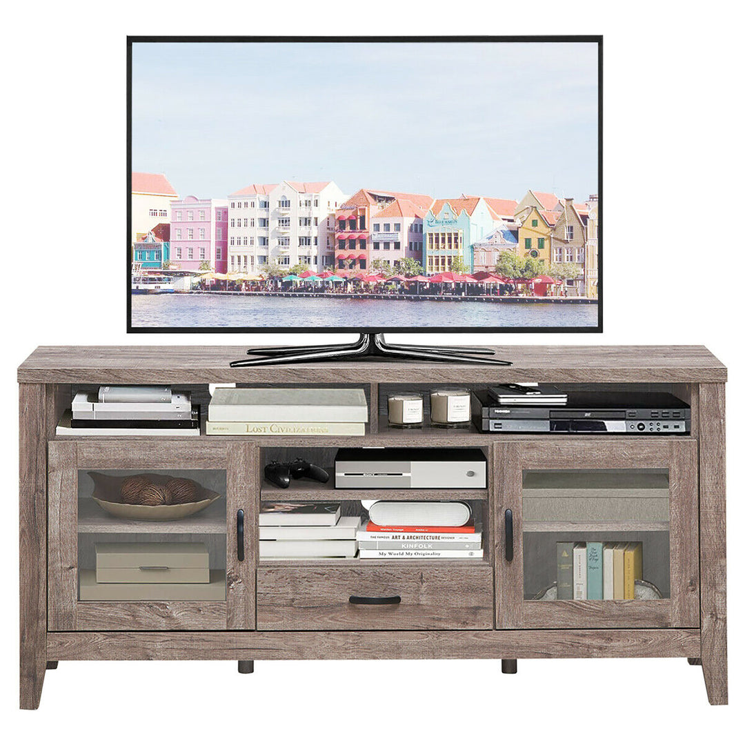 Costway - TV Stand Tall Entertainment Center Hold up to 65'' TV w/ Glass Storage & Drawer - Walnut_9