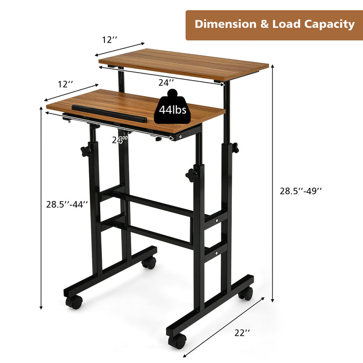 Costway - Mobile Standing Desk Rolling Adjustable Laptop Cart Home Office - Walnut_2