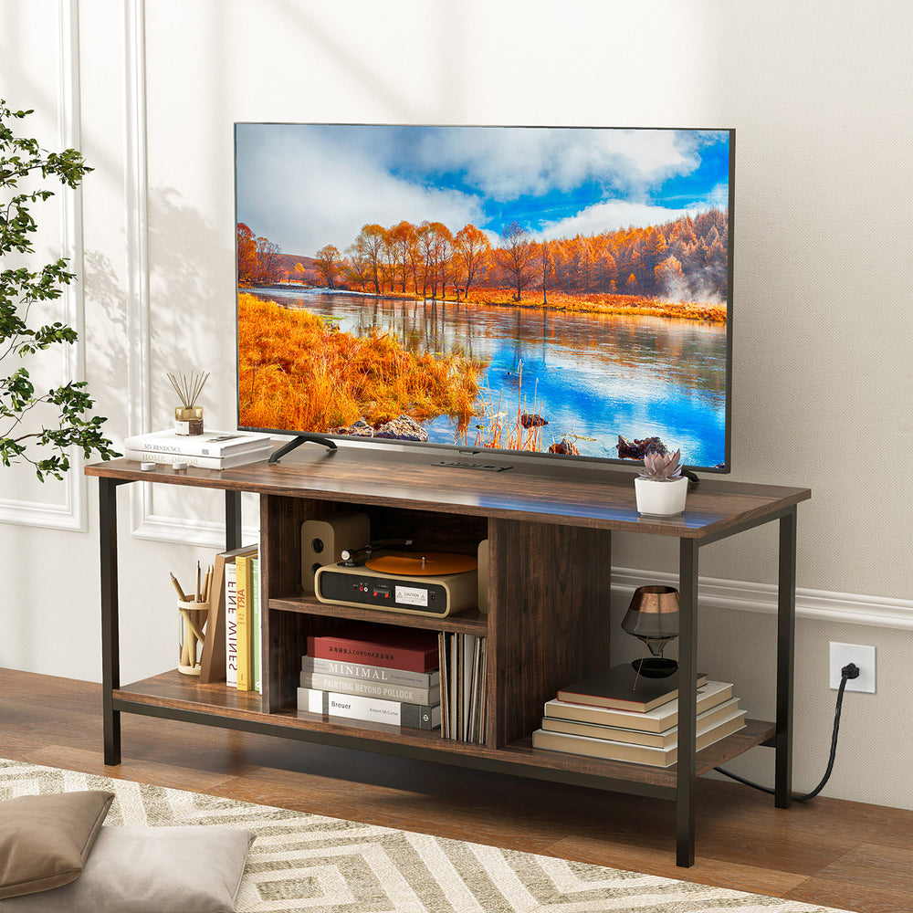 Costway - TV Console Table w/ Power Outlets 50" Industrial TV Stand w/ Open Shelves & Compartments - Rustic Brown/Black_1