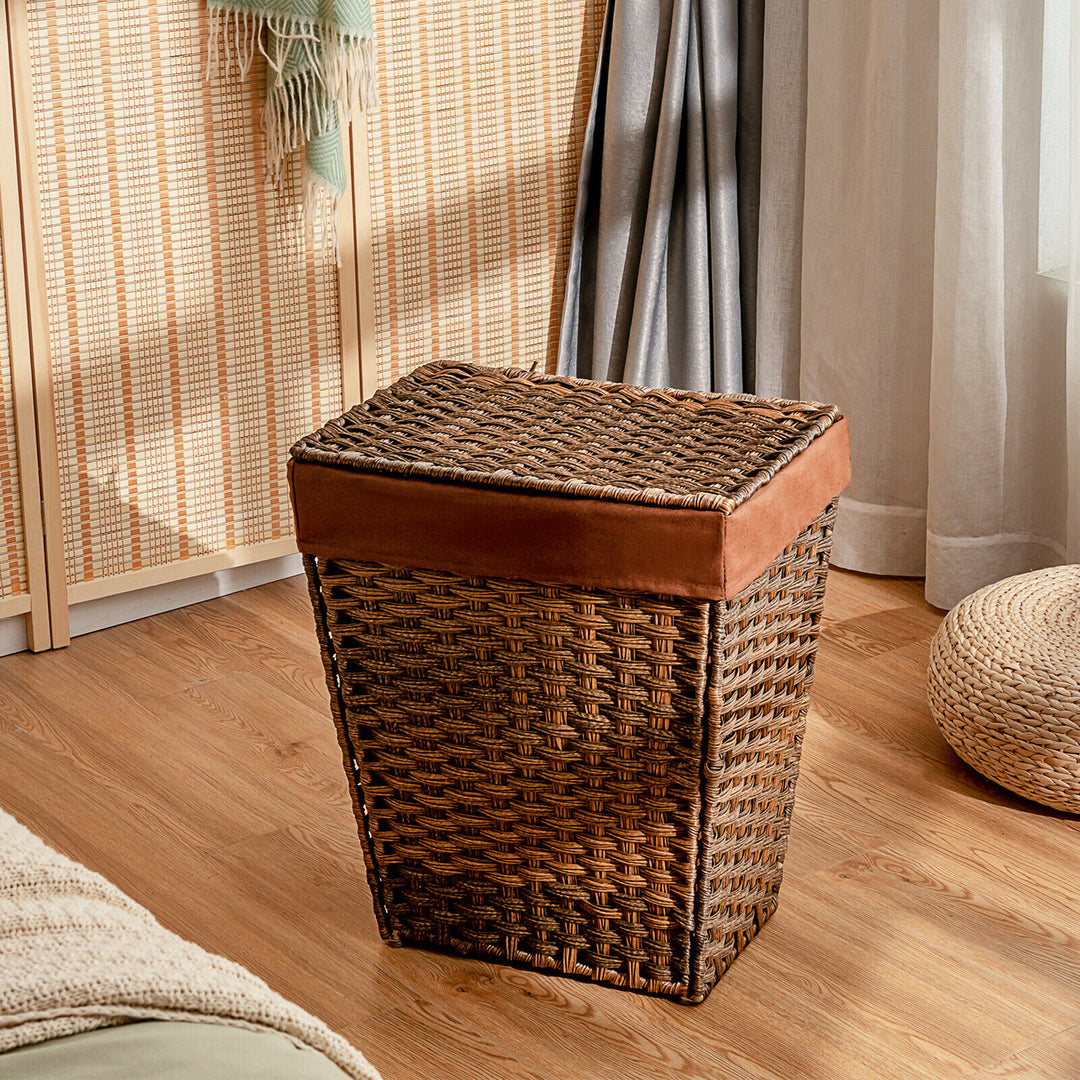 Costway Handwoven Laundry Hamper Foldable w/Removable Liner, Lid & Handles Brown - Brown_2