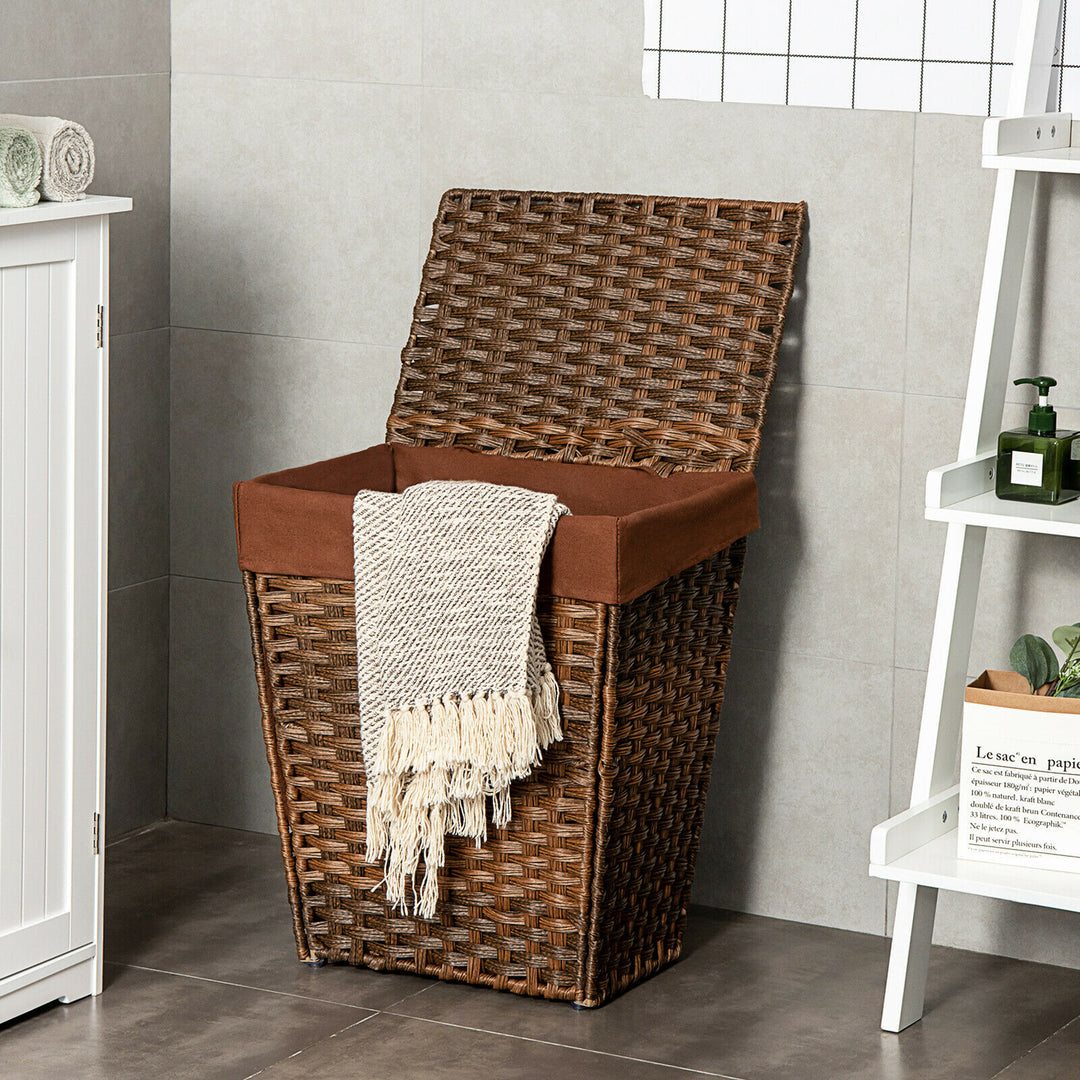 Costway Handwoven Laundry Hamper Foldable w/Removable Liner, Lid & Handles Brown - Brown_1