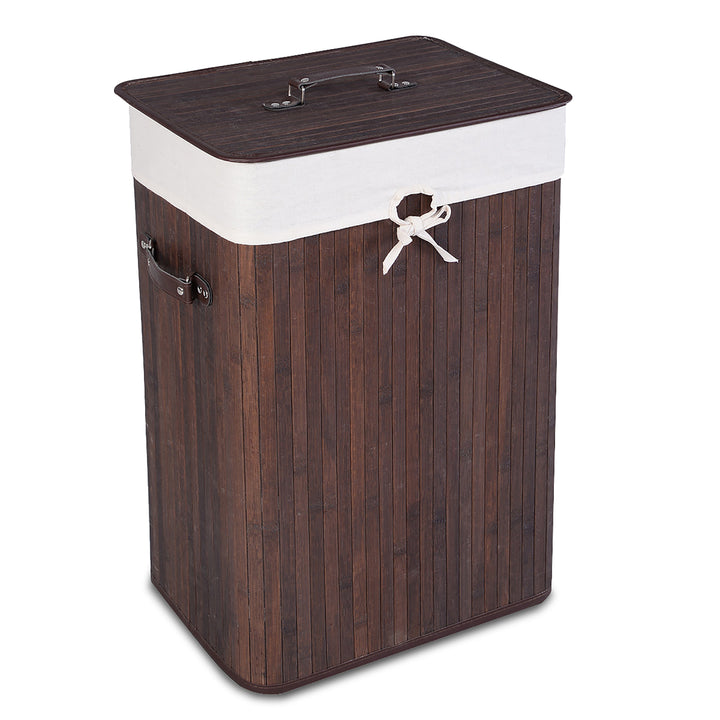 Costway Rectangle Bamboo Hamper Laundry Basket Washing Cloth Bin Lid Brown - Deep Brown/White_0