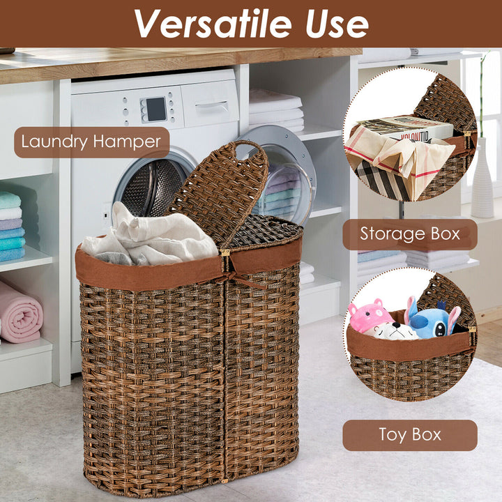 Costway Handwoven Laundry Hamper Laundry Basket w/2 Removable Liner Bags Brown - Brown_4