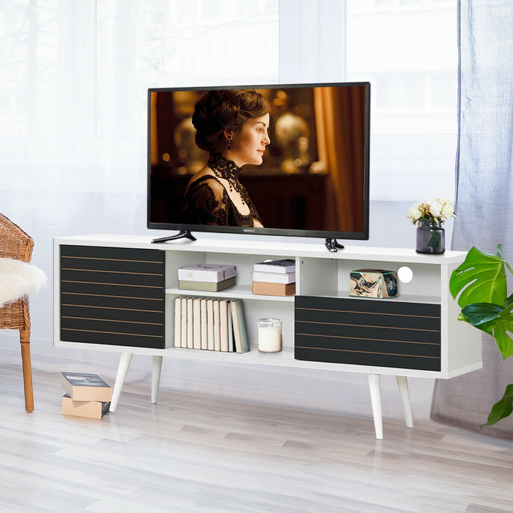 Costway - Modern TV Stand/Console Cabinet 3 Shelves Storage Drawer Splayed Leg Black/White - White/Black_2