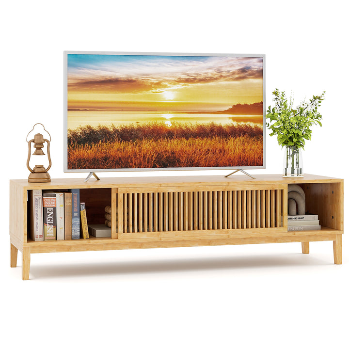 Costway - TV Stand for TVs up to 65 Inches w/ Sliding Slatted Doors 5 Cable Holes Natural - Natural_0