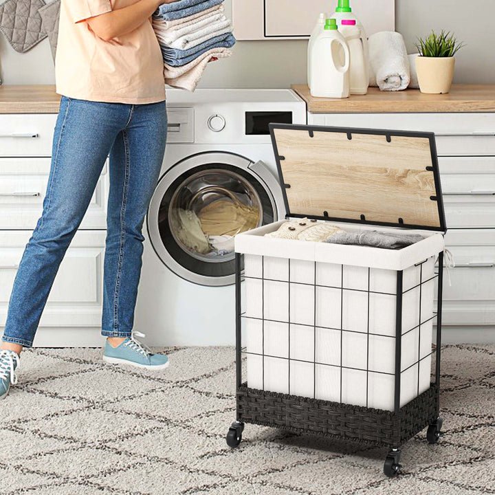 Costway 110L Large Capacity Handwoven Rattan Laundry Basket with Lid & Lockable Wheels - Black/Natural_1