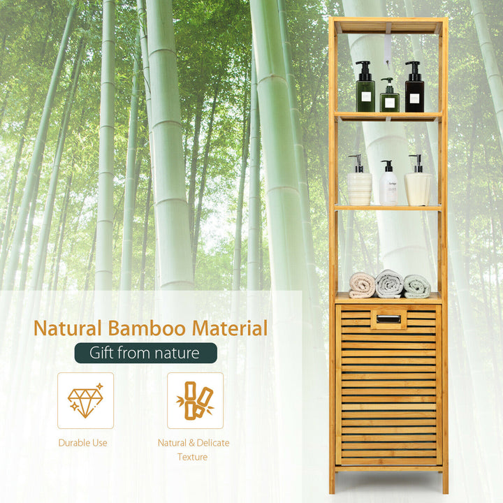 Costway Bathroom Tilt-out Laundry Hamper Bamboo Tower Hamper w/3-Tier Shelves - Natural Color_5