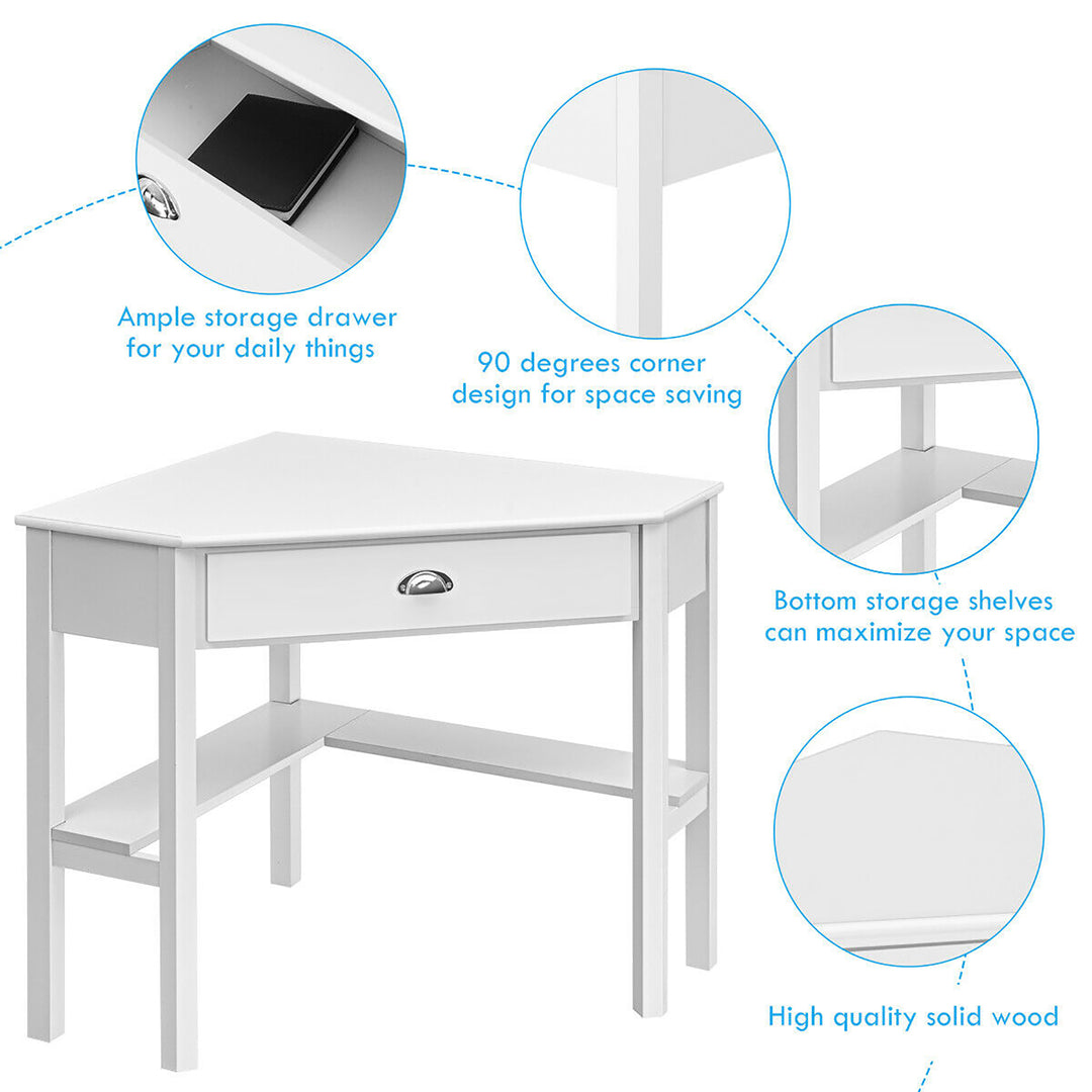 Costway - Triangle Computer Desk Corner Office Desk Laptop Table with Drawer Shelves - Rustic White_6