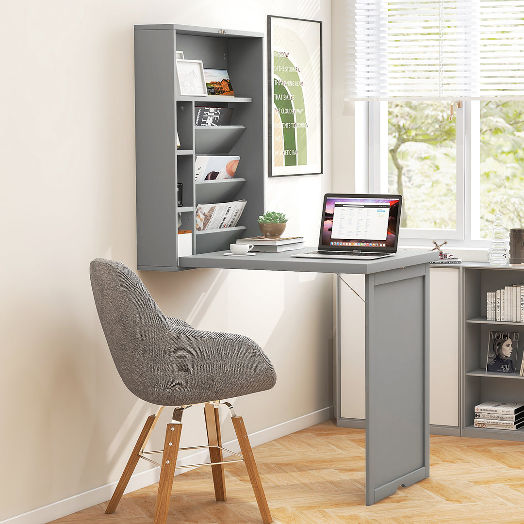 Costway - Wall Mounted Computer Convertible Desk Floating Desk with Storage Bookcases - Gray_1