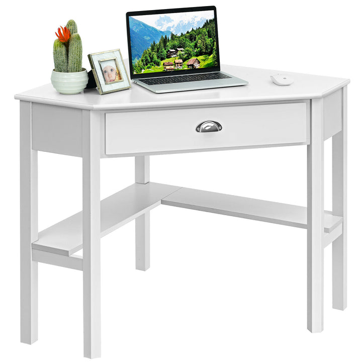 Costway - Triangle Computer Desk Corner Office Desk Laptop Table with Drawer Shelves - Rustic White_7