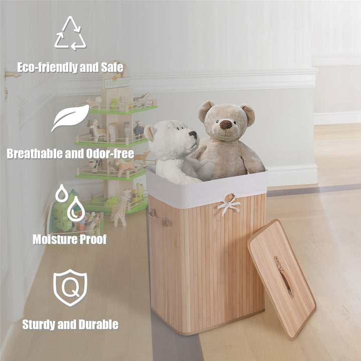 Costway Rectangle Bamboo Hamper Laundry Basket Washing Cloth Bin Bag Lid Natural - Natural/White_6