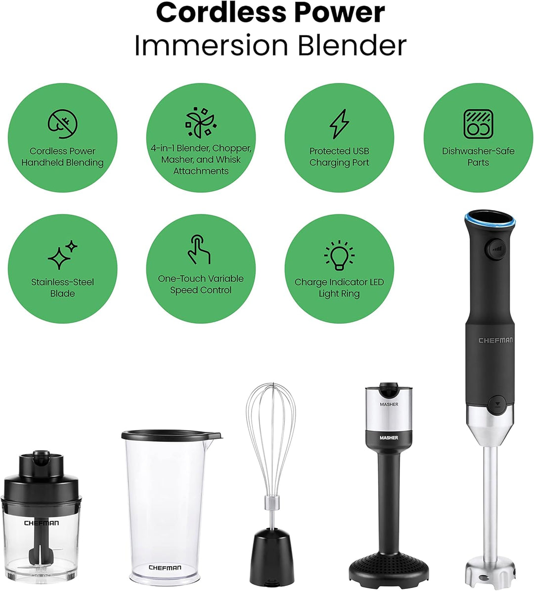 Chefman Cordless 5-in-1 Immersion Blender Set, Ice Crushing, Masher, Whisk, Chopper, Stainless Steel - Black_1