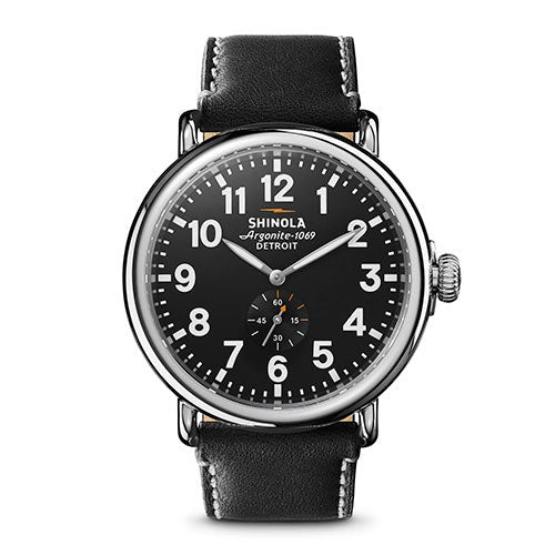 Mens' Runwell Black Leather Strap Watch, Black Dial_0
