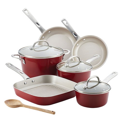 10pc Home Collection Porcelain Enamel Nonstick Cookware Set, Sienna Red_0