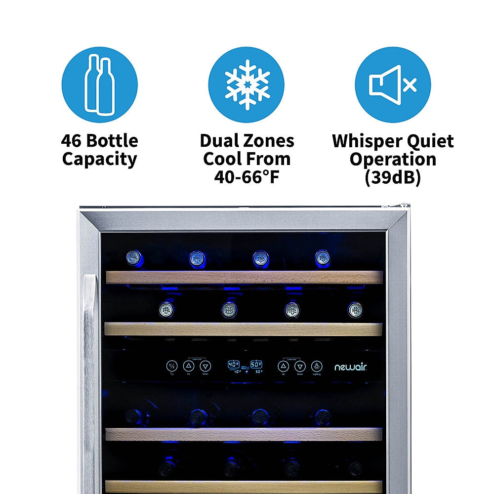 NewAir 24” Built-in 46 Bottle Dual Zone Compressor Wine Cooler in Stainless Steel, with Beech Wood Shelves - Stainless steel_8