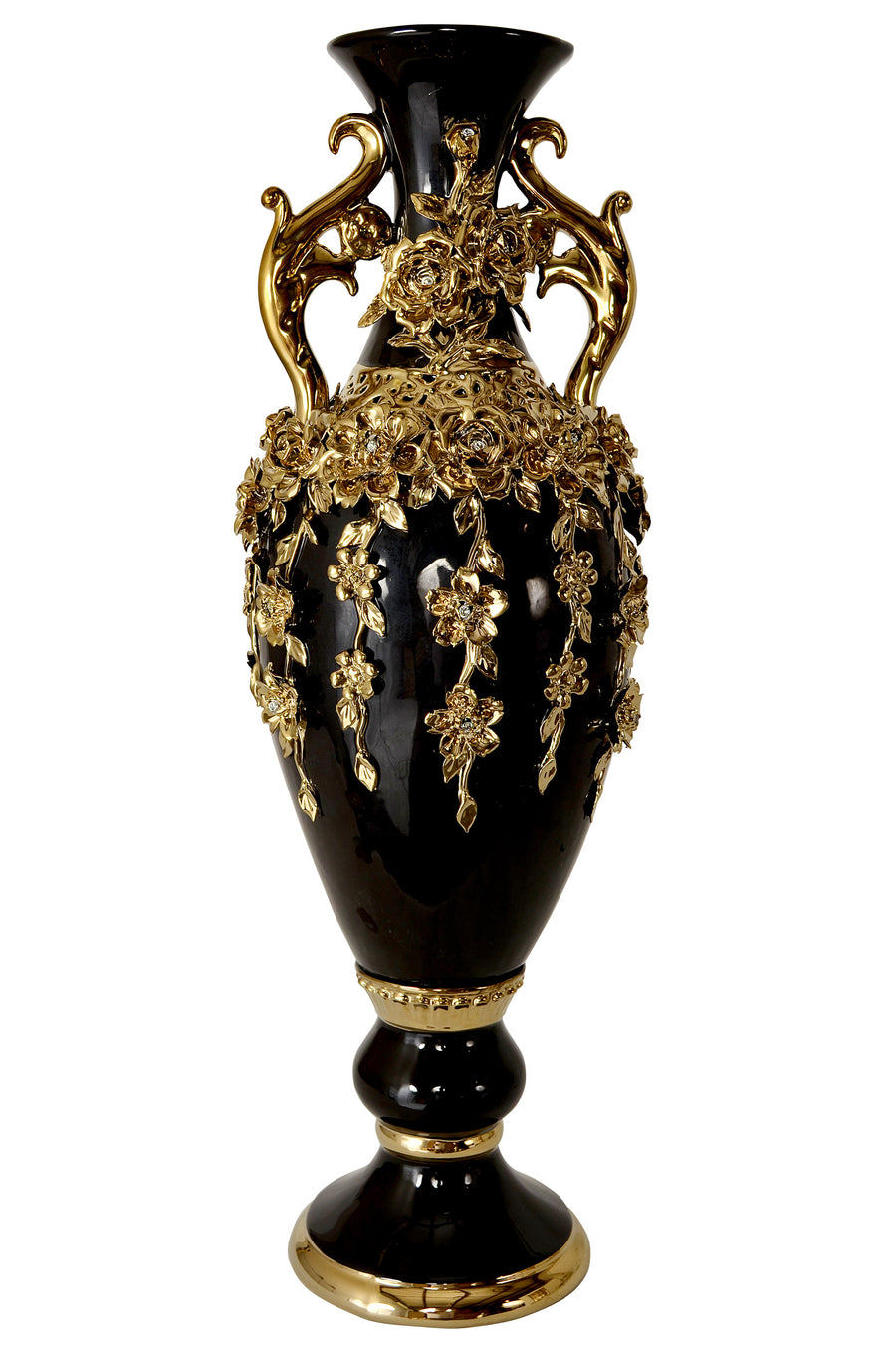 Black and Gold Floret Jeweled Stunning Vase 35 Inches Tall_0