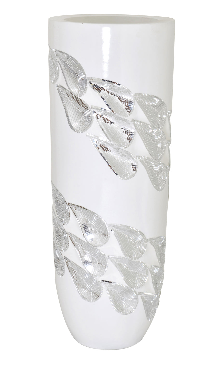 White Large Vase With Mosaic Glass Silver Mirror Accets 44 Inches_0