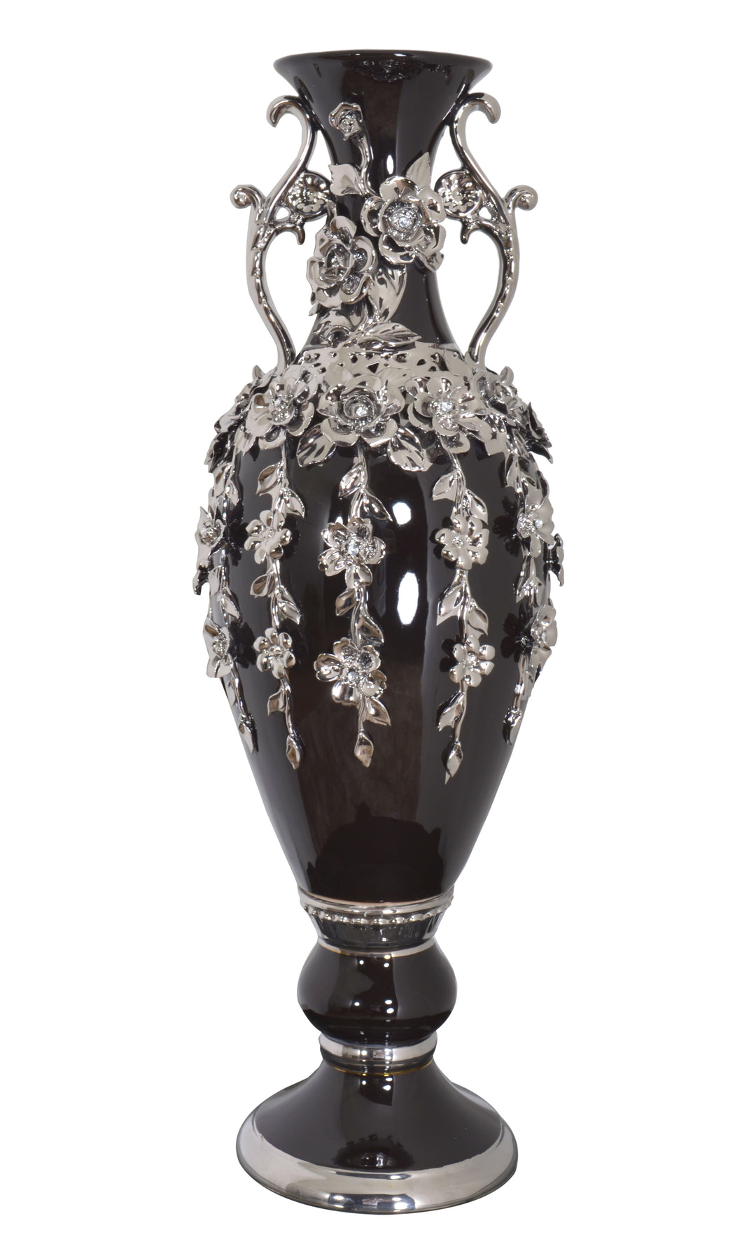 Black and Silver Floret Jeweled Stunning Vase 35 Inches Tall_0